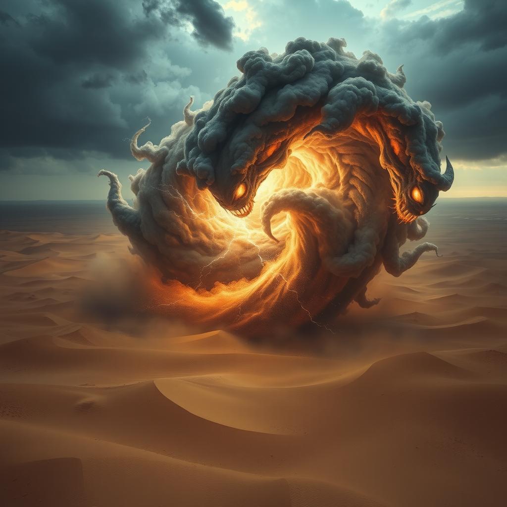 An ominous and evil air elemental swirls menacingly above the arid sands of a vast desert