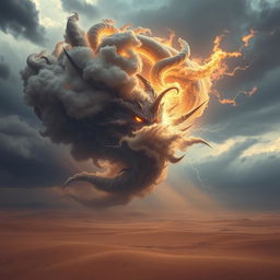 An ominous and evil air elemental swirls menacingly above the arid sands of a vast desert