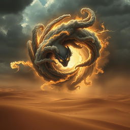 An ominous and evil air elemental swirls menacingly above the arid sands of a vast desert