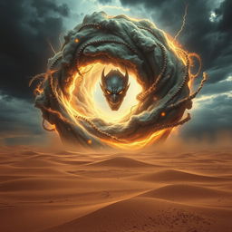 An ominous and evil air elemental swirls menacingly above the arid sands of a vast desert