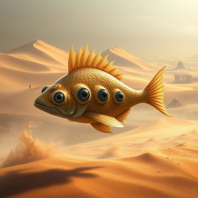 A surreal and fantastical DND desert fish with five eyes gracefully swimming through the arid sands of a mystical desert