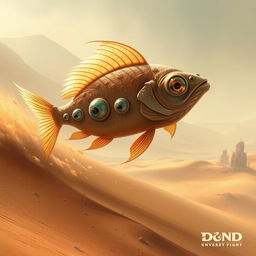 A surreal and fantastical DND desert fish with five eyes gracefully swimming through the arid sands of a mystical desert