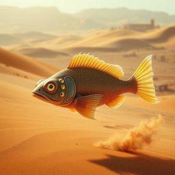 A surreal and fantastical DND desert fish with five eyes gracefully swimming through the arid sands of a mystical desert