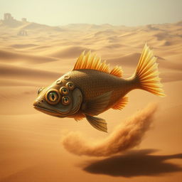 A surreal and fantastical DND desert fish with five eyes gracefully swimming through the arid sands of a mystical desert