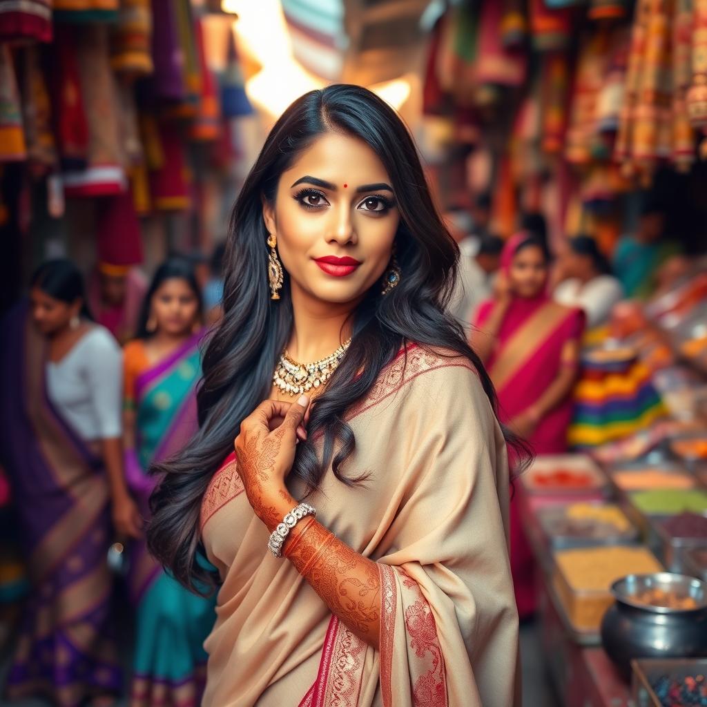 A graceful Indian woman dressed in a traditional saree, adorned with beautiful jewelry and intricate henna designs on her hands