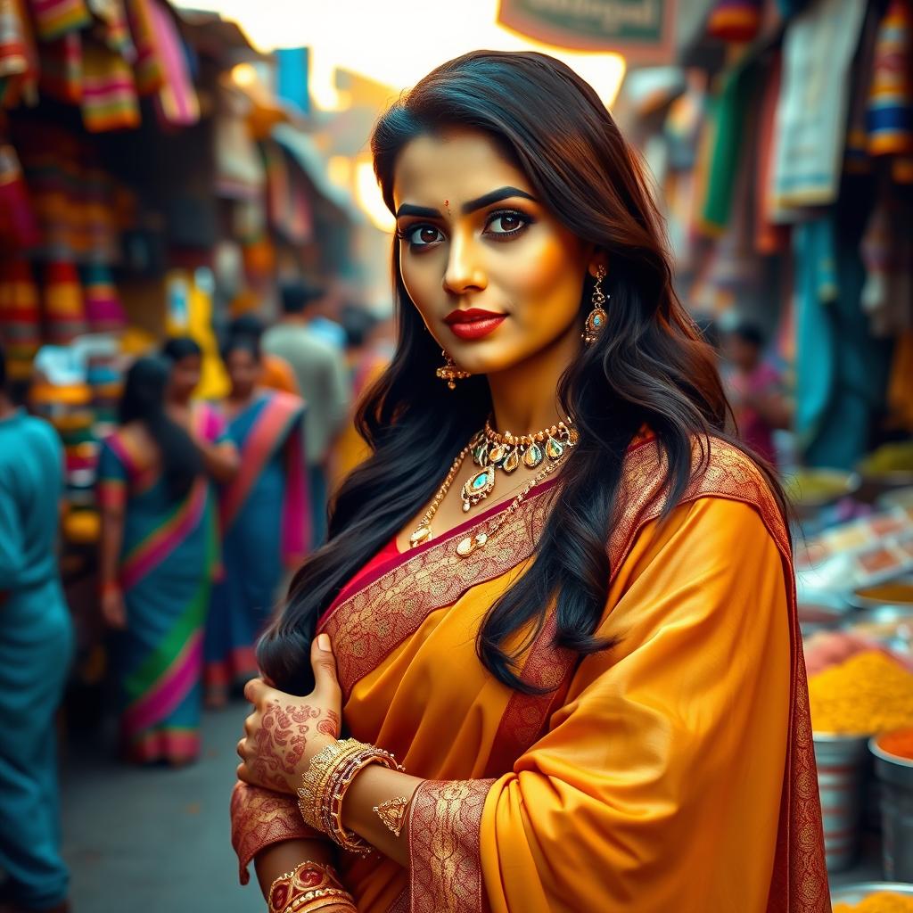 A graceful Indian woman dressed in a traditional saree, adorned with beautiful jewelry and intricate henna designs on her hands