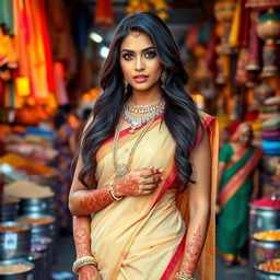 A graceful Indian woman dressed in a traditional saree, adorned with beautiful jewelry and intricate henna designs on her hands