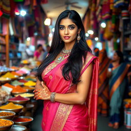 A graceful Indian woman dressed in a traditional saree, adorned with beautiful jewelry and intricate henna designs on her hands