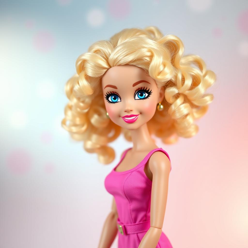 Barbie with curly blonde hair and blue eyes, posed against a whimsical pastel background with soft lighting