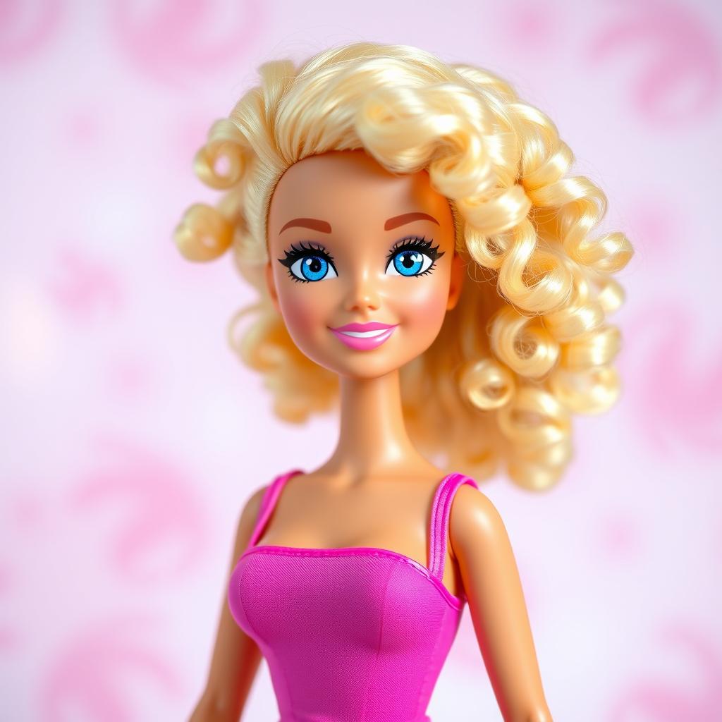 Barbie with curly blonde hair and blue eyes, posed against a whimsical pastel background with soft lighting