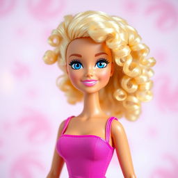 Barbie with curly blonde hair and blue eyes, posed against a whimsical pastel background with soft lighting