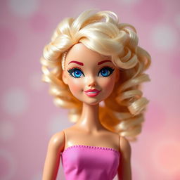 Barbie with curly blonde hair and blue eyes, posed against a whimsical pastel background with soft lighting