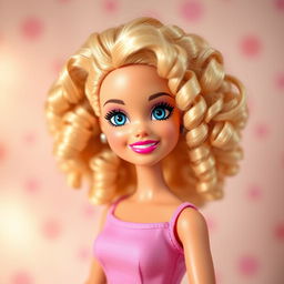 Barbie with curly blonde hair and blue eyes, posed against a whimsical pastel background with soft lighting