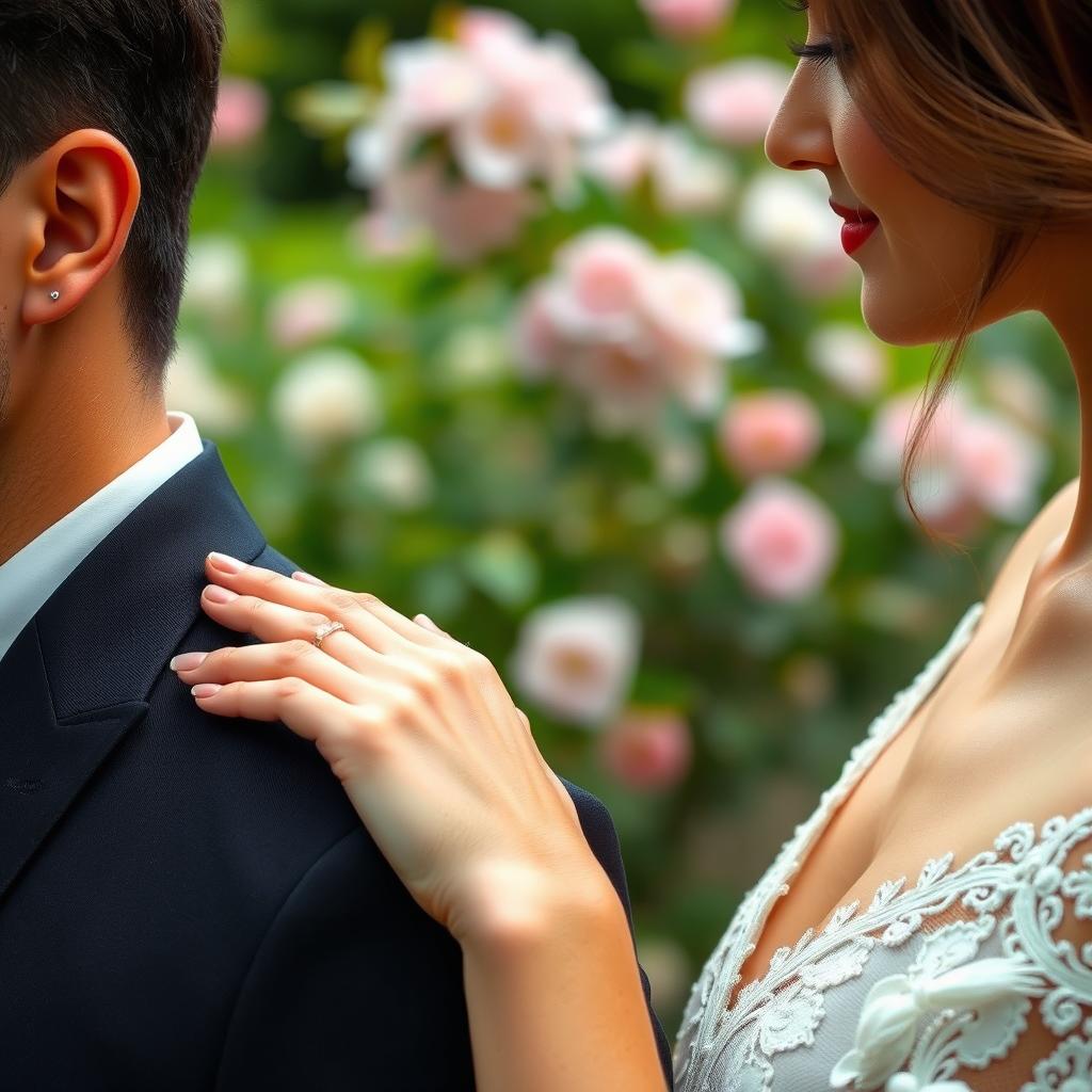 A romantic scene with a beautiful woman placing her elegant and delicate hand on the shoulder of a handsome man