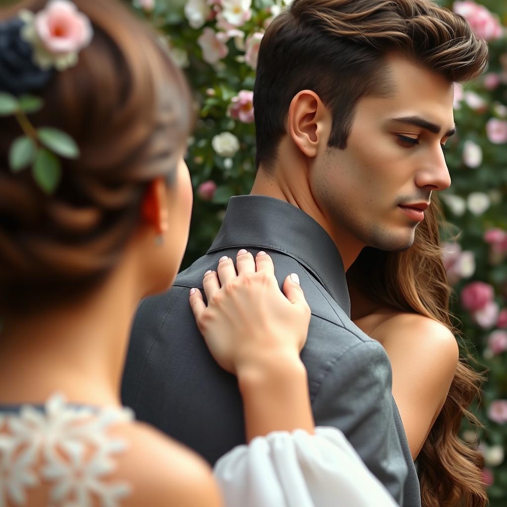 A romantic scene with a beautiful woman placing her elegant and delicate hand on the shoulder of a handsome man