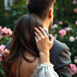 A romantic scene with a beautiful woman placing her elegant and delicate hand on the shoulder of a handsome man