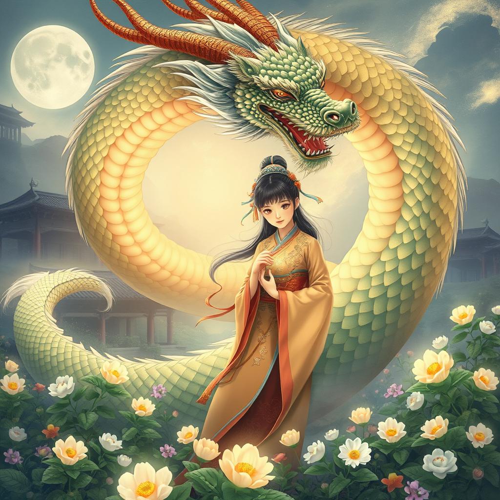 A Chinese historical fiction illustration featuring a majestic dragon with shimmering scales and a mystical aura gently spiraling around a serene young girl healer wearing traditional Chinese attire