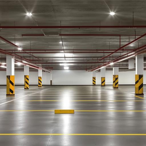 A large 1800 square feet ground floor parking area, with clear parking lines, illuminated by overhead lights.