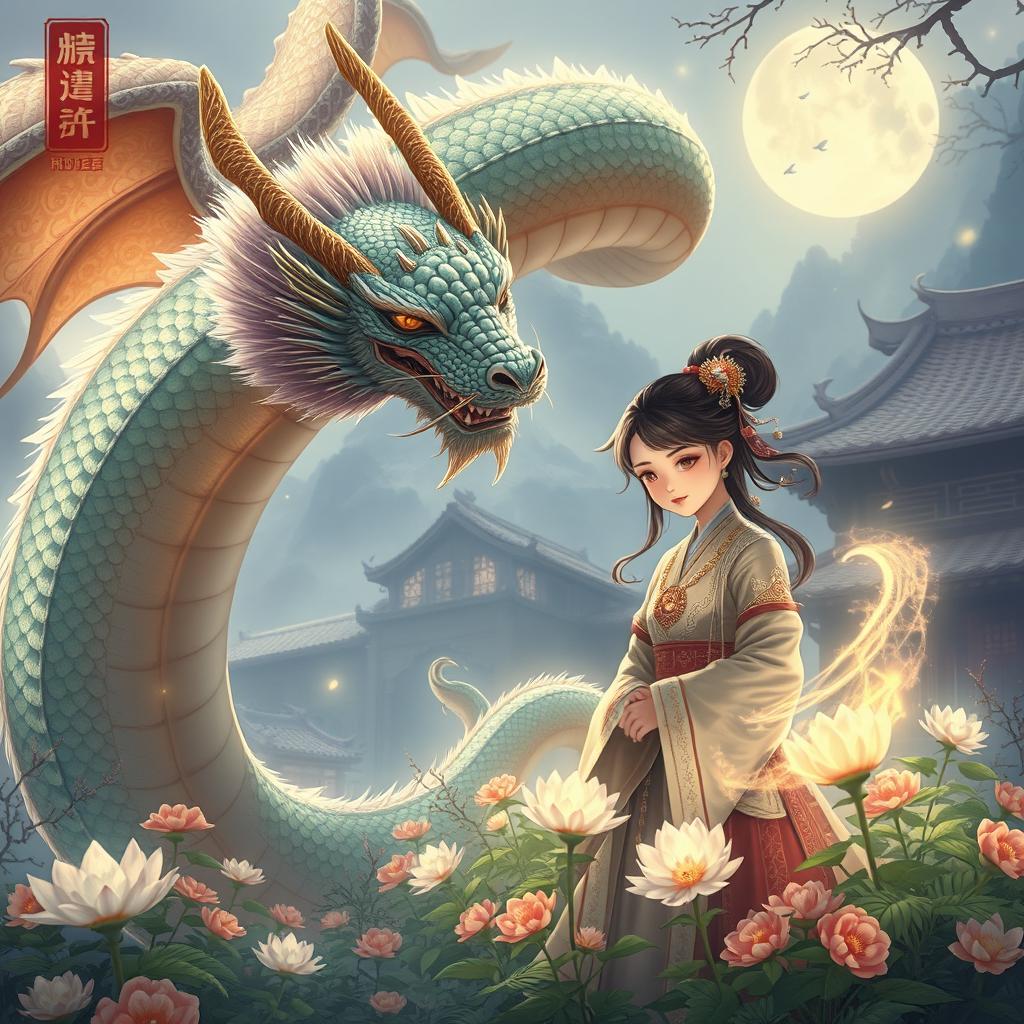 A Chinese historical fiction illustration featuring a majestic dragon with shimmering scales and a mystical aura gently spiraling around a serene young girl healer wearing traditional Chinese attire