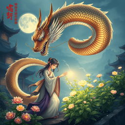 A Chinese historical fiction illustration featuring a majestic dragon with shimmering scales and a mystical aura gently spiraling around a serene young girl healer wearing traditional Chinese attire