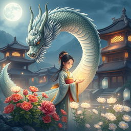 A Chinese historical fiction illustration featuring a majestic dragon with shimmering scales and a mystical aura gently spiraling around a serene young girl healer wearing traditional Chinese attire