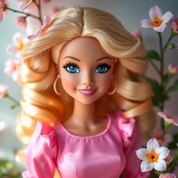 Barbie with wavy blonde hair, blue eyes, and a sweet smile, posed in a cheerful setting