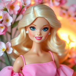 Barbie with wavy blonde hair, blue eyes, and a sweet smile, posed in a cheerful setting