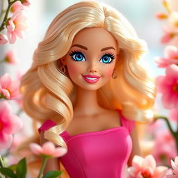 Barbie with wavy blonde hair, blue eyes, and a sweet smile, posed in a cheerful setting