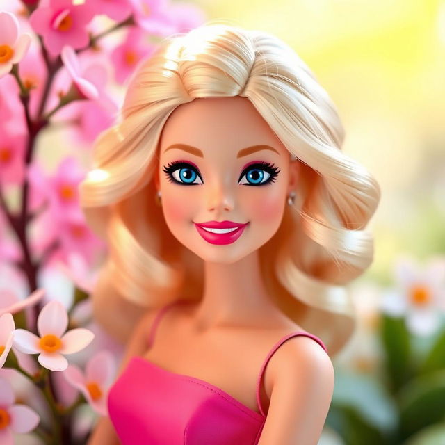 Barbie with wavy blonde hair, blue eyes, and a sweet smile, posed in a cheerful setting