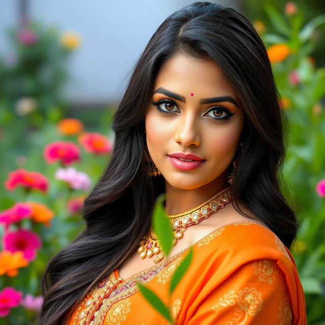 beautiful Indian woman with long dark hair and captivating eyes, wearing traditional Indian attire with intricate embroidery, standing in a lush green garden with colorful flowers; the scene captures her elegance and grace