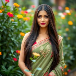 beautiful Indian woman with long dark hair and captivating eyes, wearing traditional Indian attire with intricate embroidery, standing in a lush green garden with colorful flowers; the scene captures her elegance and grace