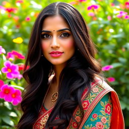 beautiful Indian woman with long dark hair and captivating eyes, wearing traditional Indian attire with intricate embroidery, standing in a lush green garden with colorful flowers; the scene captures her elegance and grace