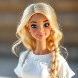 Barbie with wavy blonde hair, blue eyes, and a sweet smile, depicted without makeup for a natural look