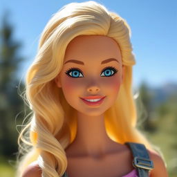 Barbie with wavy blonde hair, blue eyes, and a sweet smile, depicted without makeup for a natural look