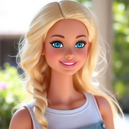 Barbie with wavy blonde hair, blue eyes, and a sweet smile, depicted without makeup for a natural look