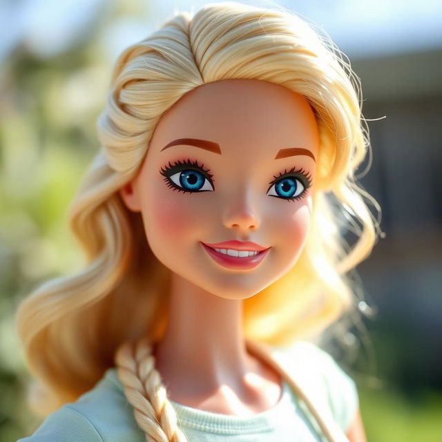 Barbie with wavy blonde hair, blue eyes, and a sweet smile, depicted without makeup for a natural look