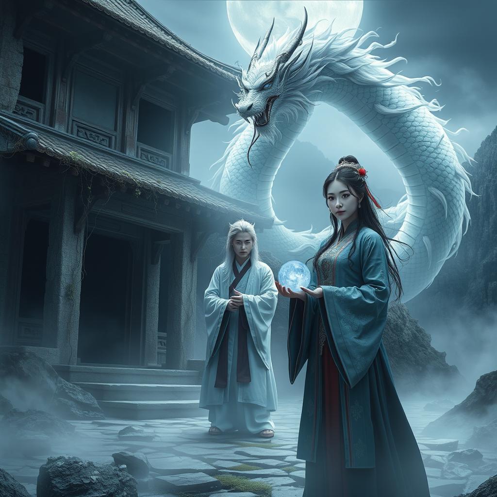 A mystical scene from a Chinese historical fiction setting, depicting a silvery white dragon transforming into a beautiful tall man, representing Feng Lun