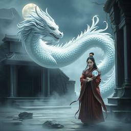 A mystical scene from a Chinese historical fiction setting, depicting a silvery white dragon transforming into a beautiful tall man, representing Feng Lun