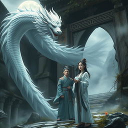 A mystical scene from a Chinese historical fiction setting, depicting a silvery white dragon transforming into a beautiful tall man, representing Feng Lun