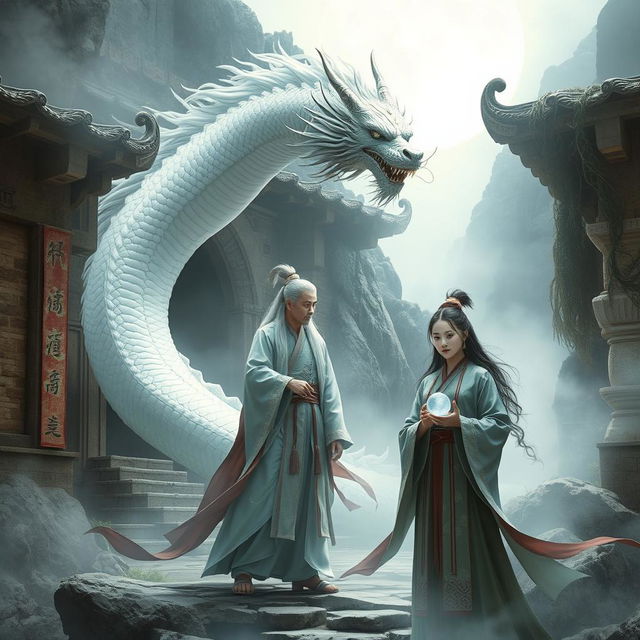 A mystical scene from a Chinese historical fiction setting, depicting a silvery white dragon transforming into a beautiful tall man, representing Feng Lun