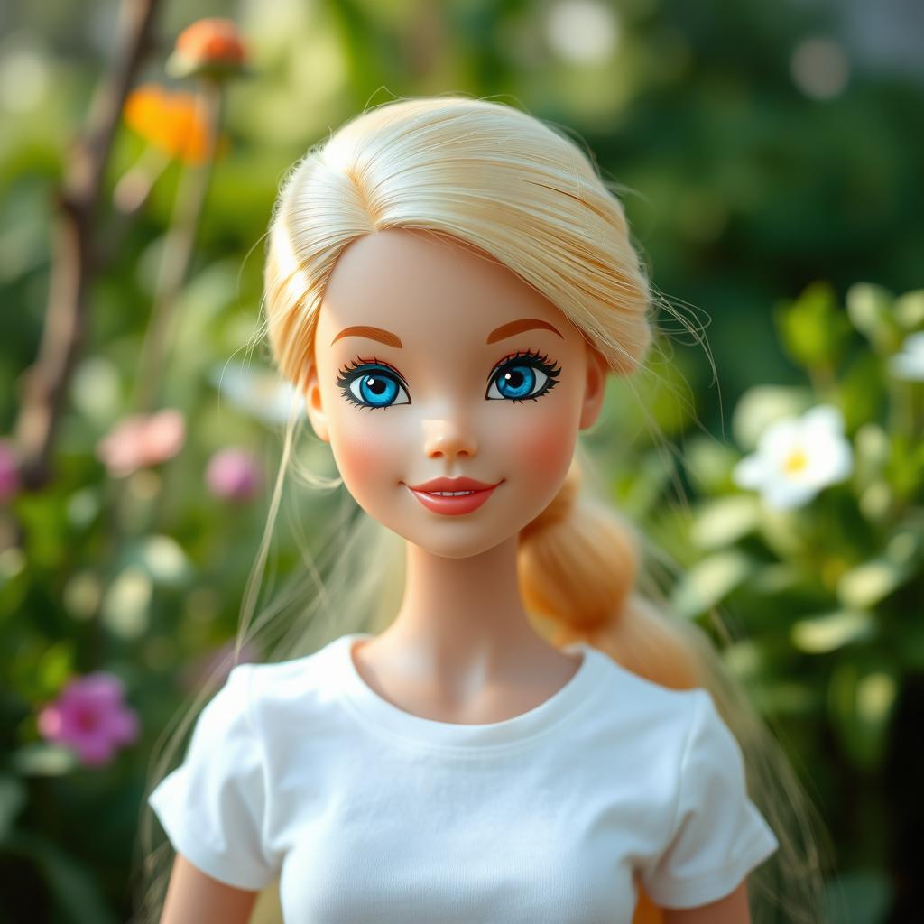 Barbie with blonde hair, blue eyes, and a sweet smile without makeup, portrayed in a natural setting