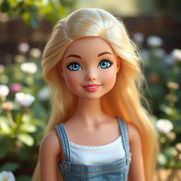 Barbie with blonde hair, blue eyes, and a sweet smile without makeup, portrayed in a natural setting