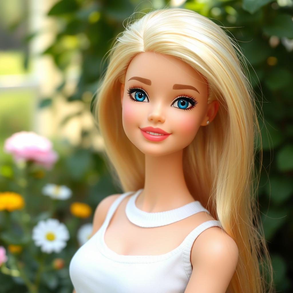 Barbie with blonde hair, blue eyes, and a sweet smile without makeup, portrayed in a natural setting