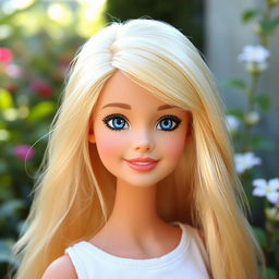 Barbie with blonde hair, blue eyes, and a sweet smile without makeup, portrayed in a natural setting