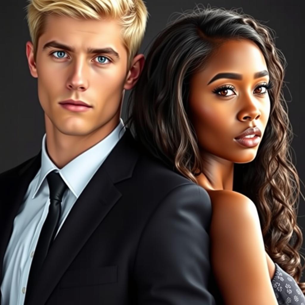 A captivating e-book romance cover featuring a dashing blonde man with striking blue eyes, dressed impeccably in a suit and tie