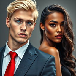 A captivating e-book romance cover featuring a dashing blonde man with striking blue eyes, dressed impeccably in a suit and tie