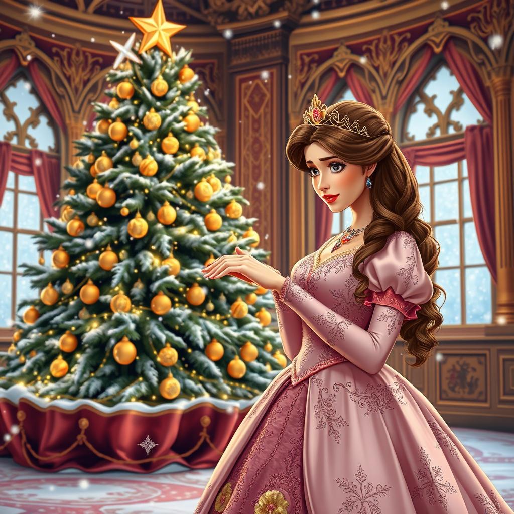 A beautiful princess in a lavish royal gown with intricate embroidery, standing beside a grand, decorated Christmas tree in a palace hall