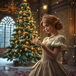 A beautiful princess in a lavish royal gown with intricate embroidery, standing beside a grand, decorated Christmas tree in a palace hall