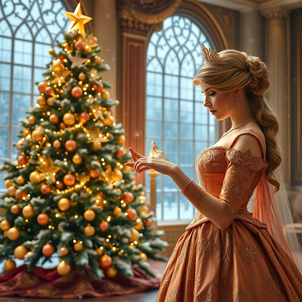 A beautiful princess in a lavish royal gown with intricate embroidery, standing beside a grand, decorated Christmas tree in a palace hall