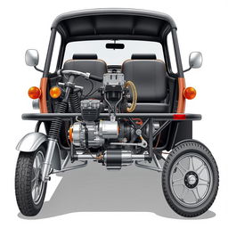 A detailed and technical illustration of a 4-seater tricycle with a petrol engine displacement of 199 cc, featuring a manual transmission